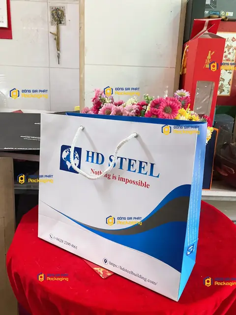 Túi giấy doanh nghiệp HD Steel nền trắng sóng xanh dương